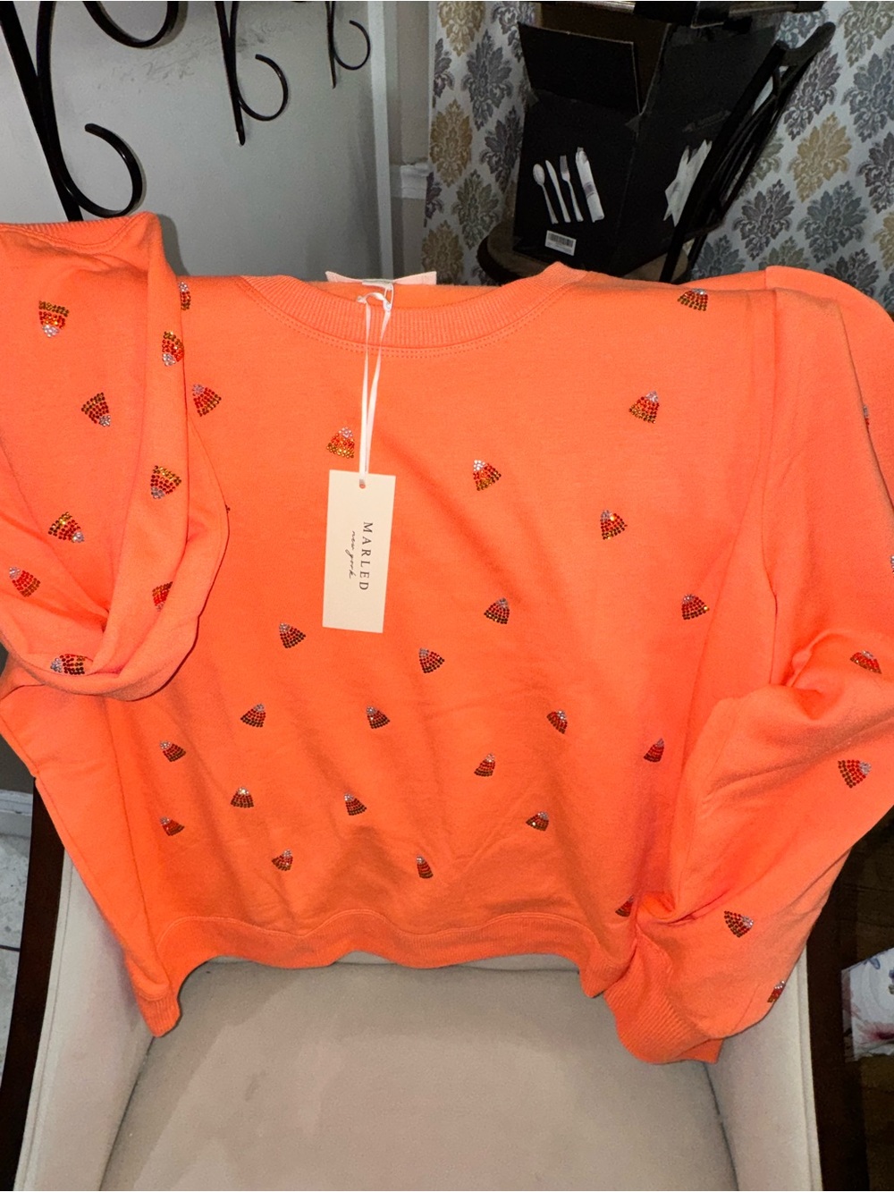 Marled Neon Orange Crewneck Sweater with Candycorn Accents